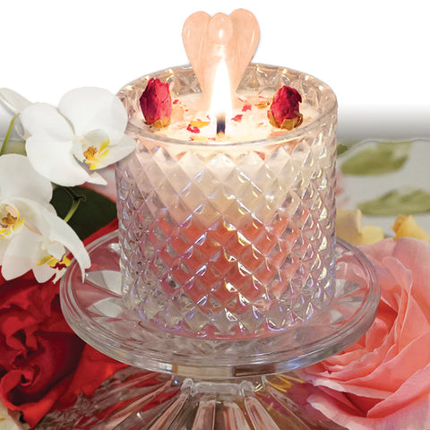 Angelic Vanilla Rose LOVE Magick Candle 10oz with beautiful Rose Quartz Angel. 