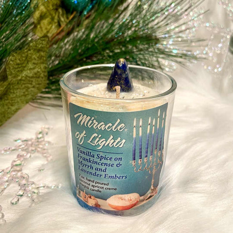 Frankincense & Myrrh Miracle of Lights Hanukkah magick candle with Lapis Lazuli and Quartz.