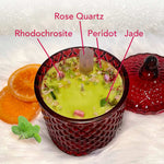 Mandarin Cranberry LOVE + PROSPERITY Magick Candle with Rose Quartz, Jade, Rhodochrosite and Peridot