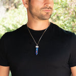 Chakra Wand Pendant in Lapis Lazuli with silver color chain by Fields of Fortunes.