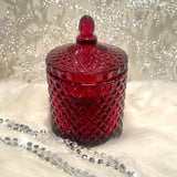 Mandarin Cranberry LOVE + PROSPERITY Magick Candle. Beautiful Ruby France Glass vessel come with a matching lid.