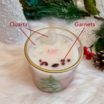 Snowy Forest on Cypress and Bayberry Magick Candle adorned with clear Quartz and Garnets.