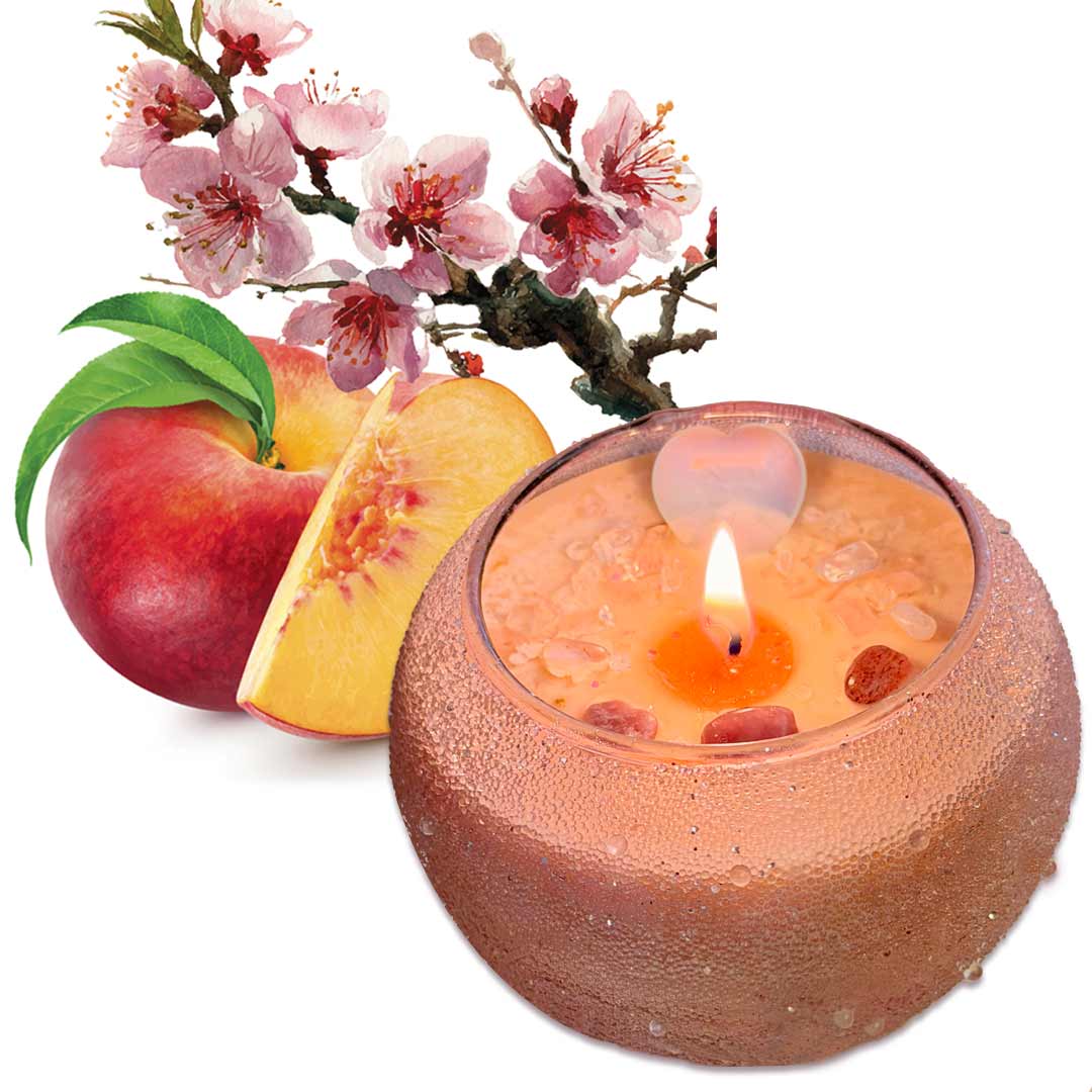 Ginger Peach on Japanese Cherry Blossom Magick Intention Candle. Fresh cut peach and a blooming stem of Cherry Blossoms. 