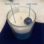 Amber Noire & Lavender MIRACLE OF LIGHTS Magick Candle with Lapis Lazuli and Quartz. White and royal blue wax.