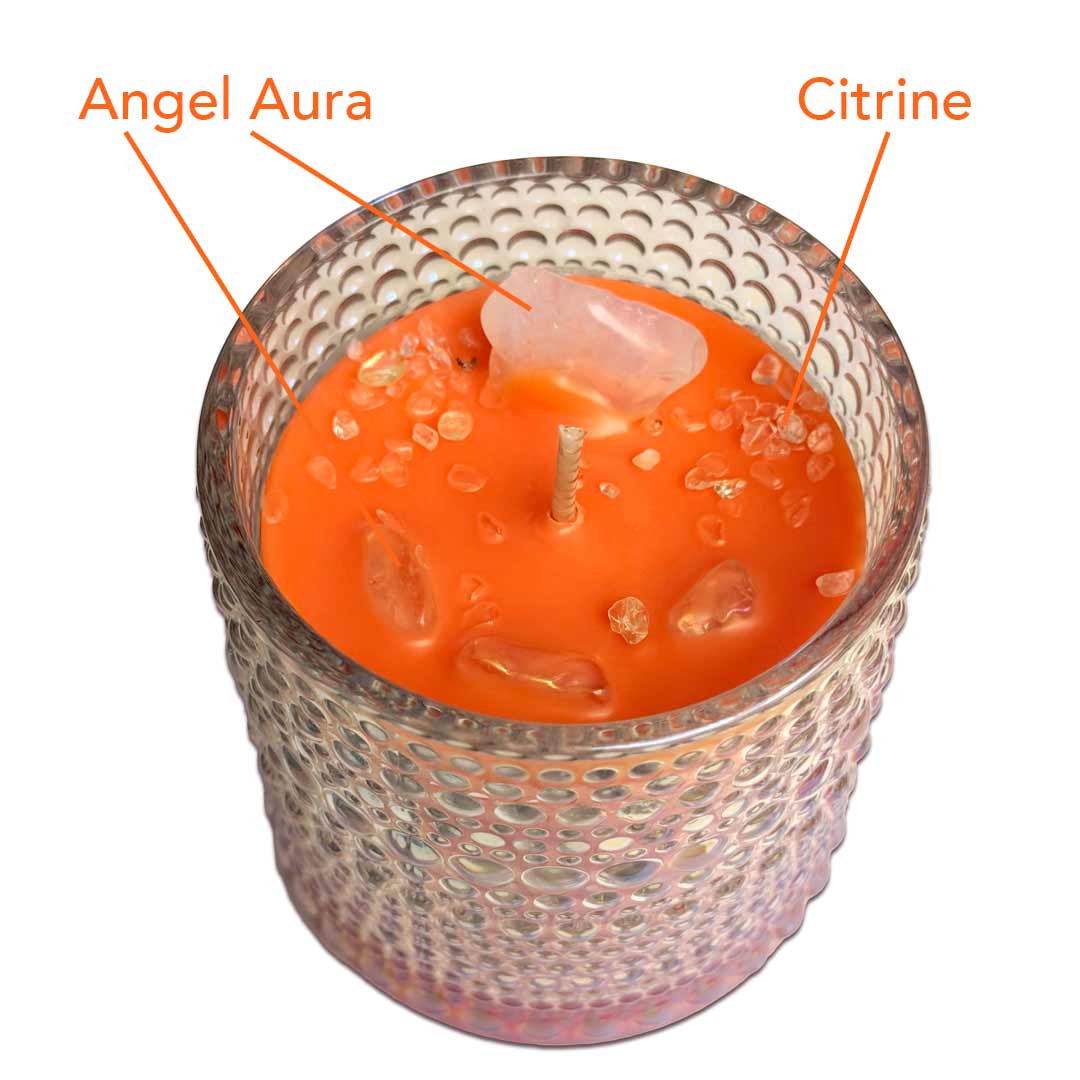 Tangerine & Orange Blossom on Sparkling Negroni & Raspberry Magick Intention Candle. Adorned with Angel Aura and Citrine.  Beautiful iridescent bubble ornate vessel. Bright Orange and Raspberry colored wax. 