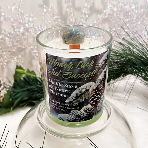 Vanilla Snow on Winter Pinecone MONEY, LUCK & SUCCESS Magick Candle