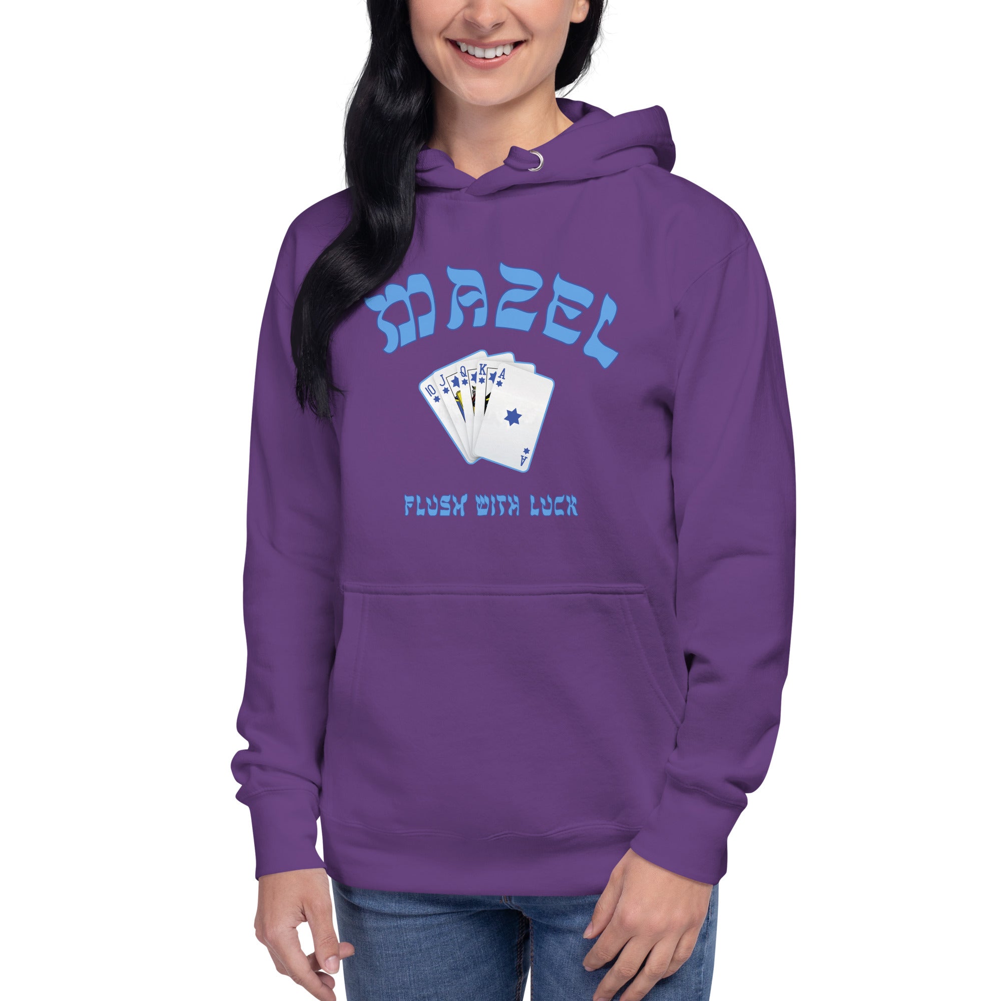 Person wearing a purple hoodie with large 'Mazel' and poker card design with Star of David.  "Flush with Luck" on the bottom.