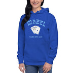 Person wearing a royal blue hoodie with large 'Mazel' and poker card design with Star of David.  "Flush with Luck" on the bottom.