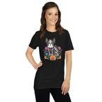 Woman wearing a black t-shirt with a colorful dia de los meurtos dog design.