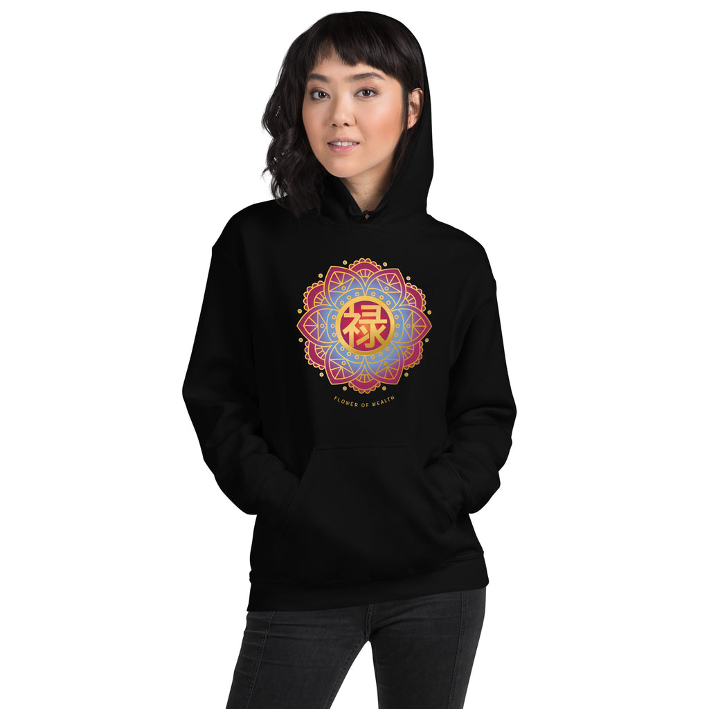 Person wearing black hoodie with gold Chinese prosperity character in mandala flower design.
