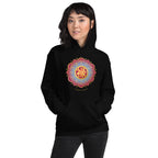 Person wearing black hoodie with gold Chinese prosperity character in mandala flower design.