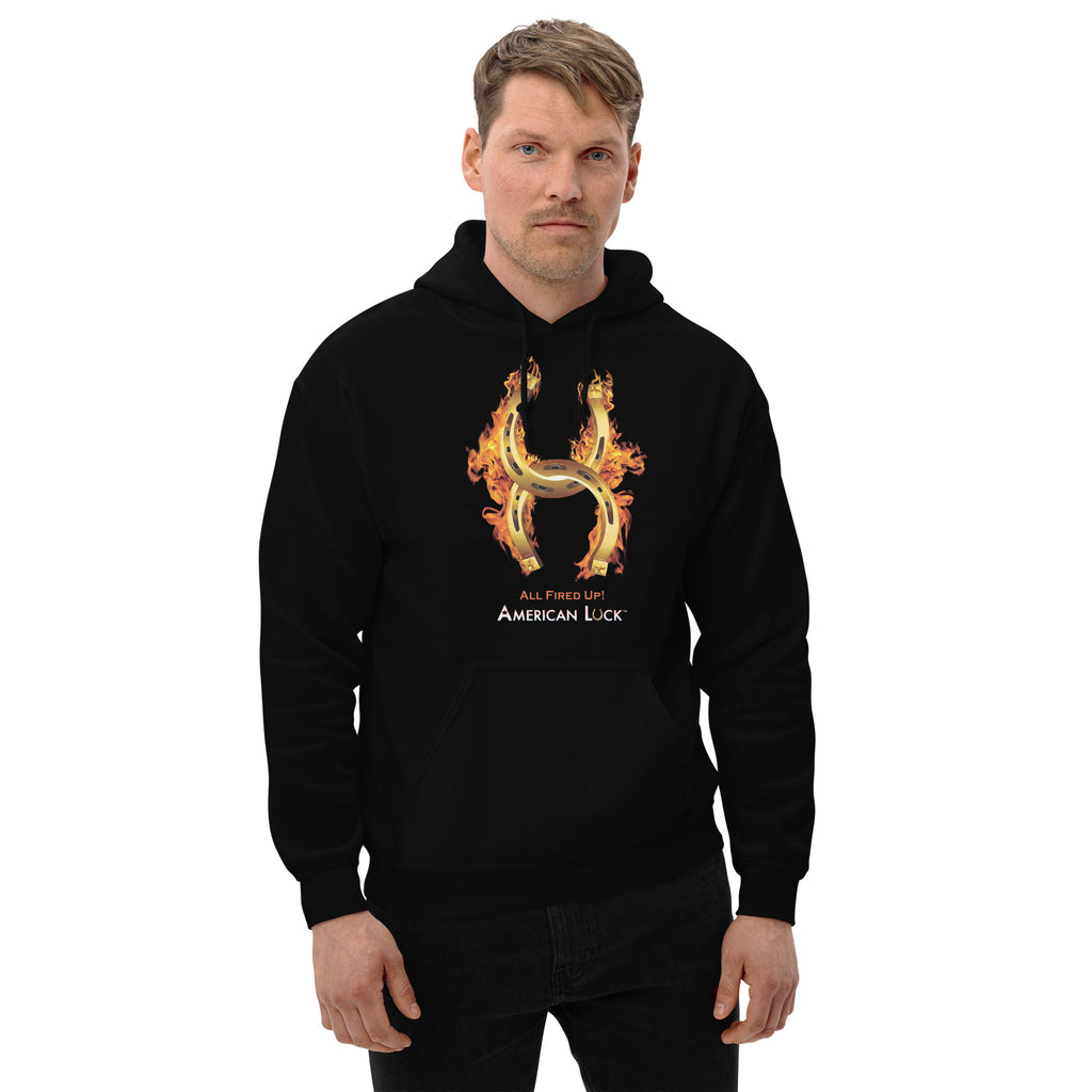 Man wearing a black hoodie with a fiery golden horseshoe  design, All Fired Up1 American Luck.