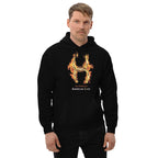 Man wearing a black hoodie with a fiery golden horseshoe  design, All Fired Up1 American Luck.