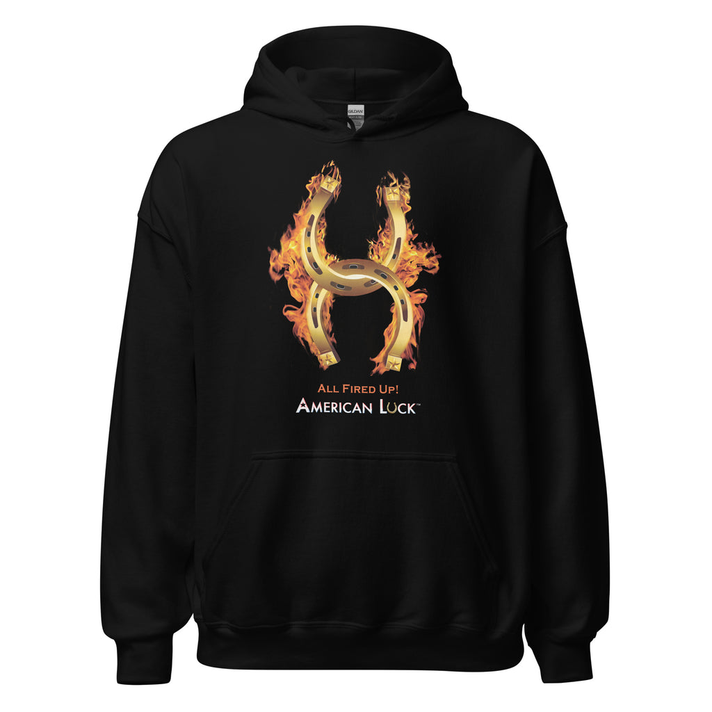 Black hoodie with a fiery golden horseshoe  design, All Fired Up! American Luck.