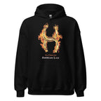 Black hoodie with a fiery golden horseshoe  design, All Fired Up! American Luck.