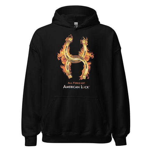 Black hoodie with a fiery golden horseshoe  design, All Fired Up! American Luck.