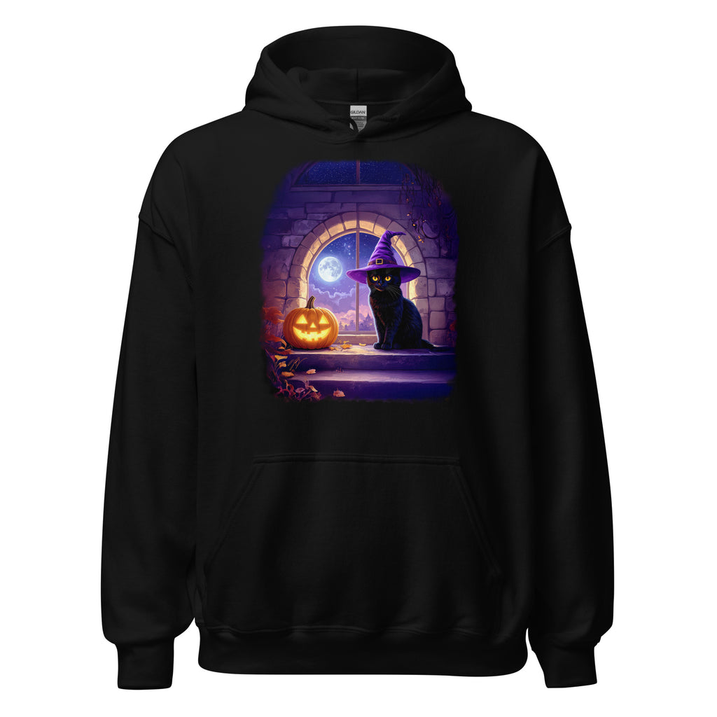 Black hoodie with Wizard Kitten by the stone wall arched window with the full moon and a jack-o-lantern. 