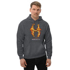 Person wearing a  dark heather hoodie with a fiery golden horseshoe  design, All Fired Up! American Luck.