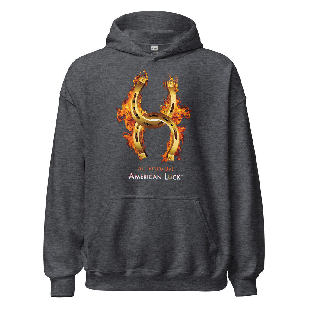 Dark heather hoodie with a fiery golden horseshoe  design, All Fired Up! American Luck.