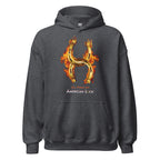 Dark heather hoodie with a fiery golden horseshoe  design, All Fired Up! American Luck.