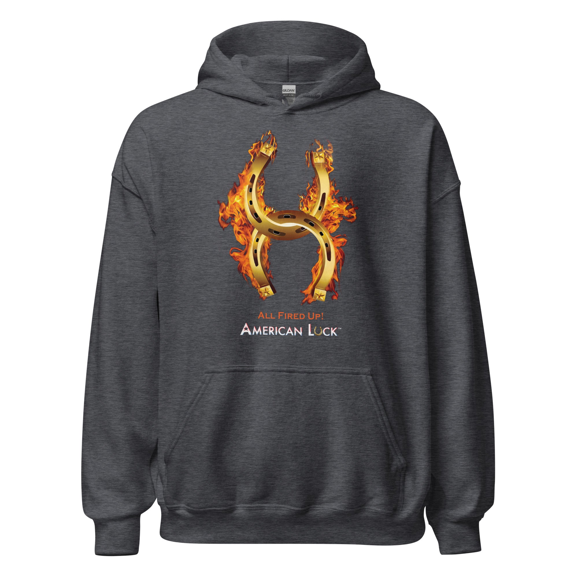 Dark heather hoodie with a fiery golden horseshoe  design, All Fired Up! American Luck.