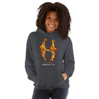 Person wearing a  dark heather hoodie with a fiery golden horseshoe  design, All Fired Up! American Luck.