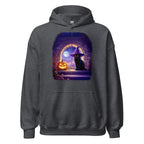 Dark heather gray hoodie with Wizard Kitten by the stone wall arched window with the full moon and a jack-o-lantern. 