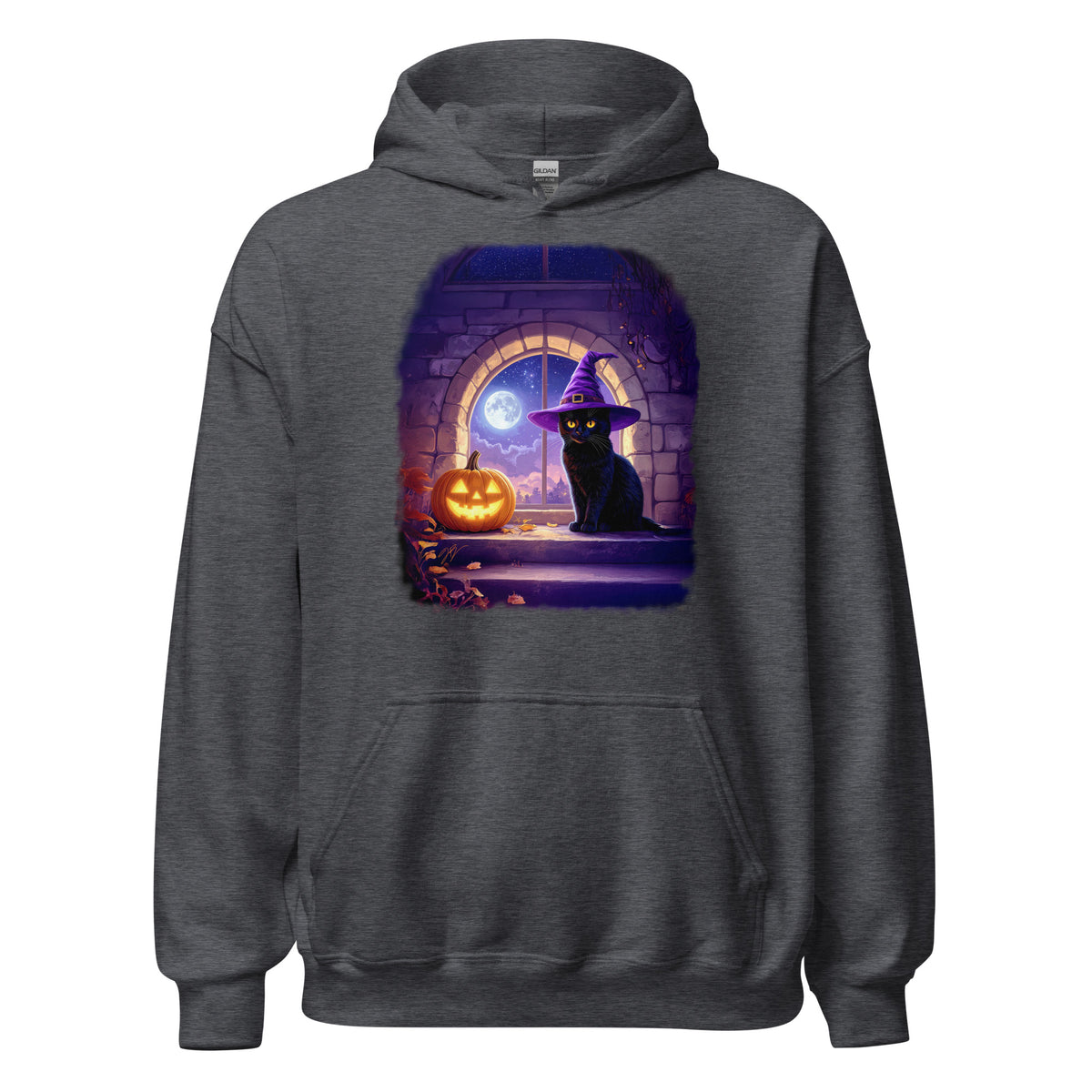 Dark heather gray hoodie with Wizard Kitten by the stone wall arched window with the full moon and a jack-o-lantern. 