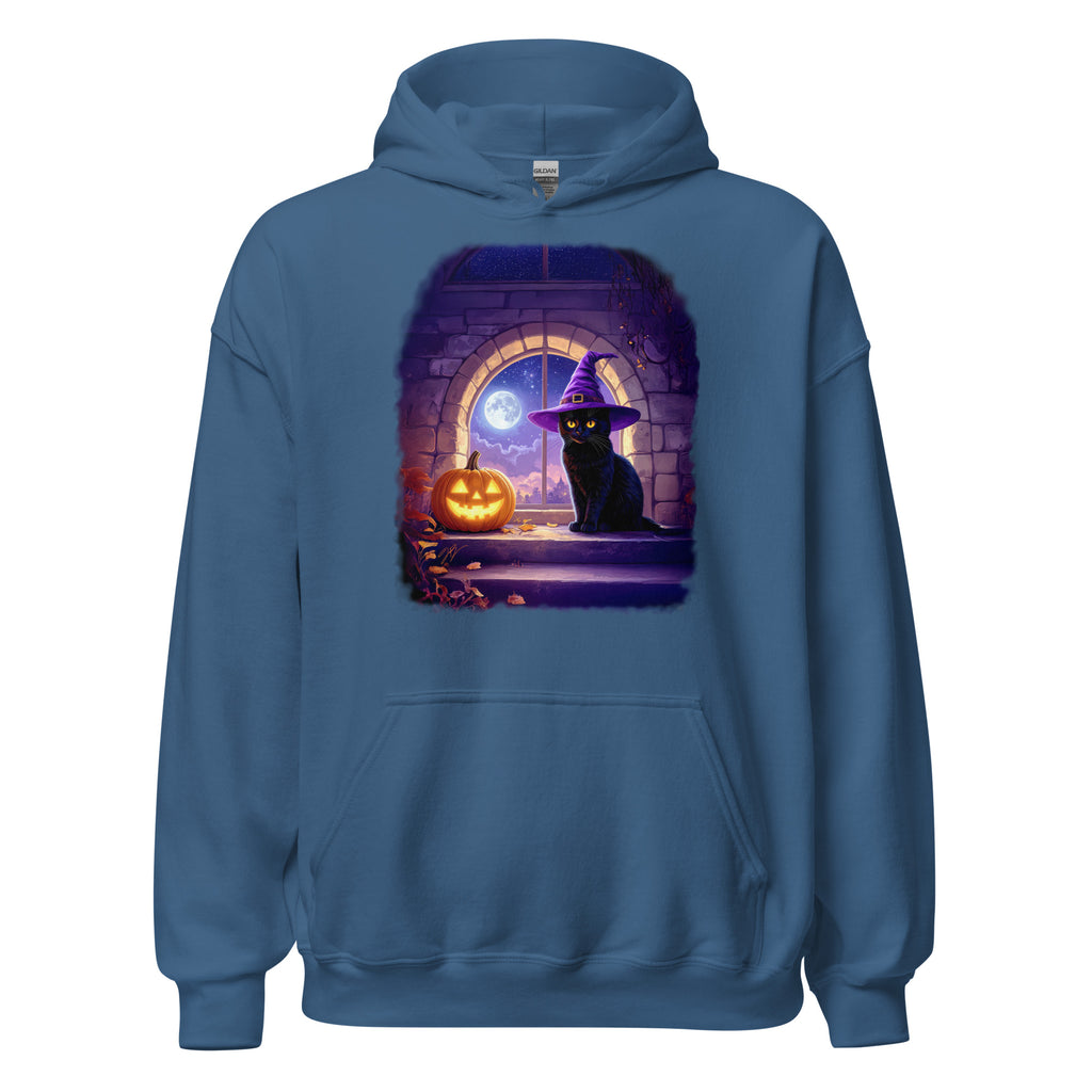 Indigo hoodie with Wizard Kitten by the stone wall arched window with the full moon and a jack-o-lantern. 