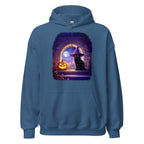Indigo hoodie with Wizard Kitten by the stone wall arched window with the full moon and a jack-o-lantern. 