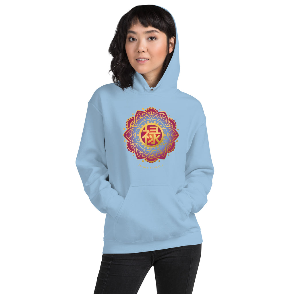 Person wearing light blue hoodie with gold Chinese prosperity character in mandala flower design.