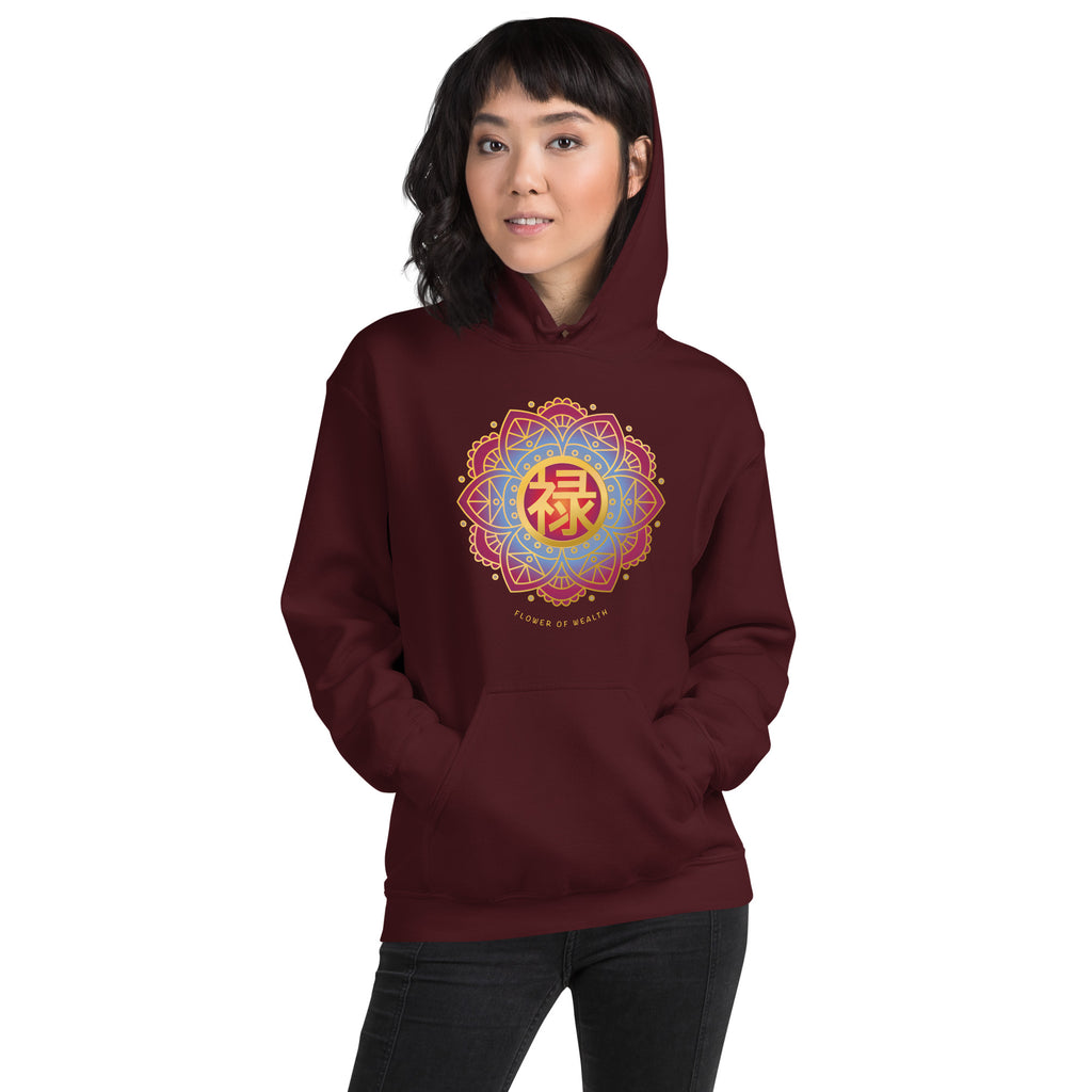 Person wearing maroon hoodie with gold Chinese prosperity character in mandala flower design.