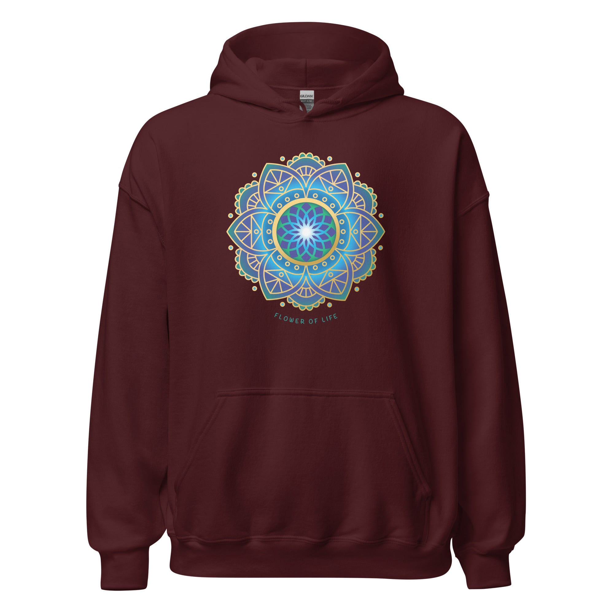Woman wearing a maroon hoodie with a colorful flower of life mandala design .