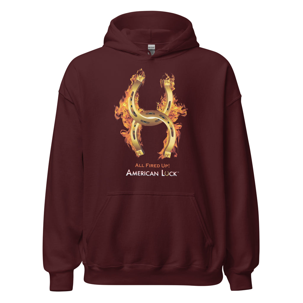 Maroon  hoodie with a fiery golden horseshoe  design, All Fired Up! American Luck.
