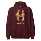 Maroon  hoodie with a fiery golden horseshoe  design, All Fired Up! American Luck.
