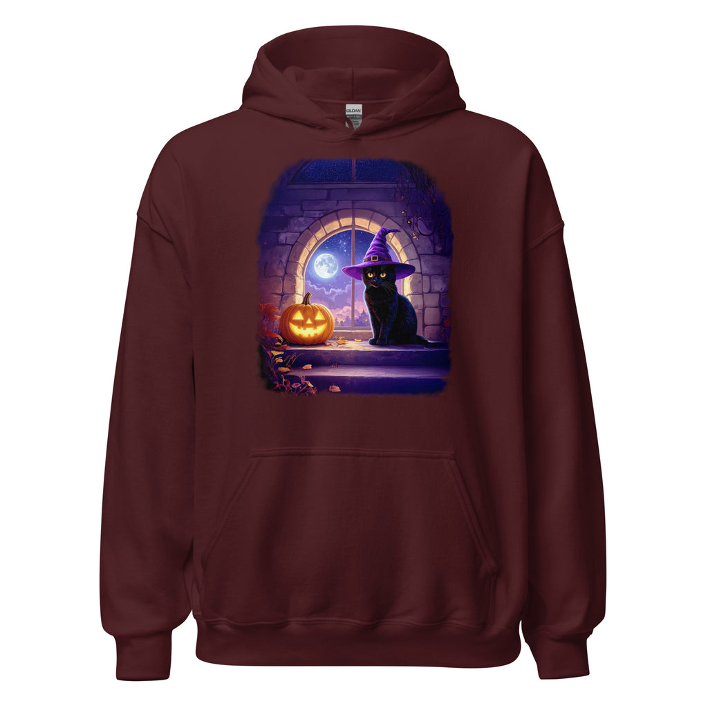 Maroon hoodie with Wizard Kitten by the stone wall arched window with the full moon and a jack-o-lantern. 