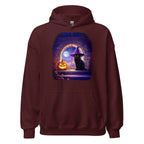 Maroon hoodie with Wizard Kitten by the stone wall arched window with the full moon and a jack-o-lantern. 