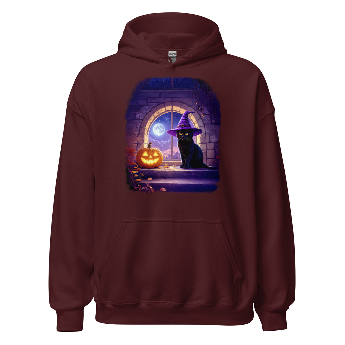 Maroon hoodie with Wizard Kitten by the stone wall arched window with the full moon and a jack-o-lantern. 