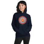 Person wearing navy blue hoodie with gold Chinese prosperity character in mandala flower design.