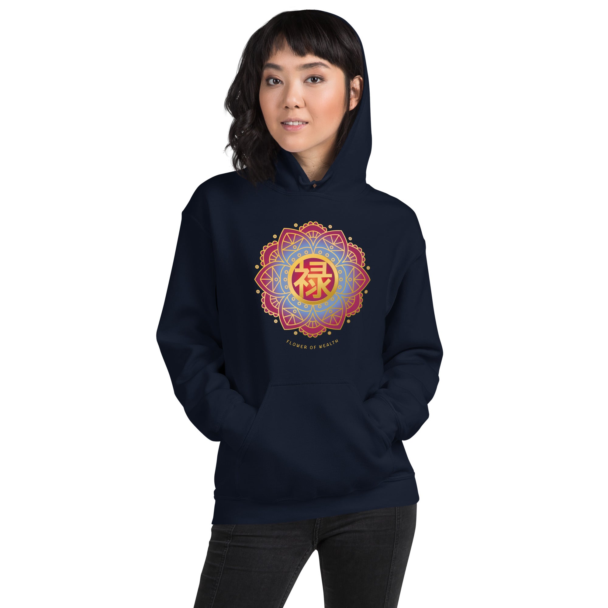 Person wearing navy blue hoodie with gold Chinese prosperity character in mandala flower design.