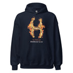 Navy blue hoodie with a fiery golden horseshoe  design, All Fired Up! American Luck.