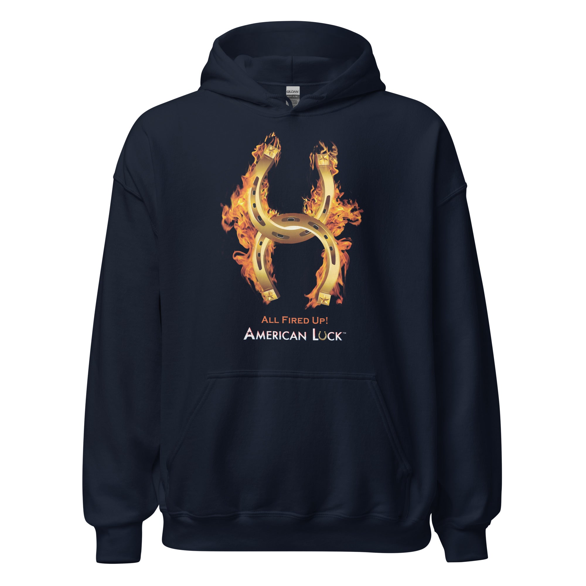 Navy blue hoodie with a fiery golden horseshoe  design, All Fired Up! American Luck.
