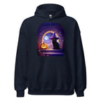 Navy hoodie with Wizard Kitten by the stone wall arched window with the full moon and a jack-o-lantern. 