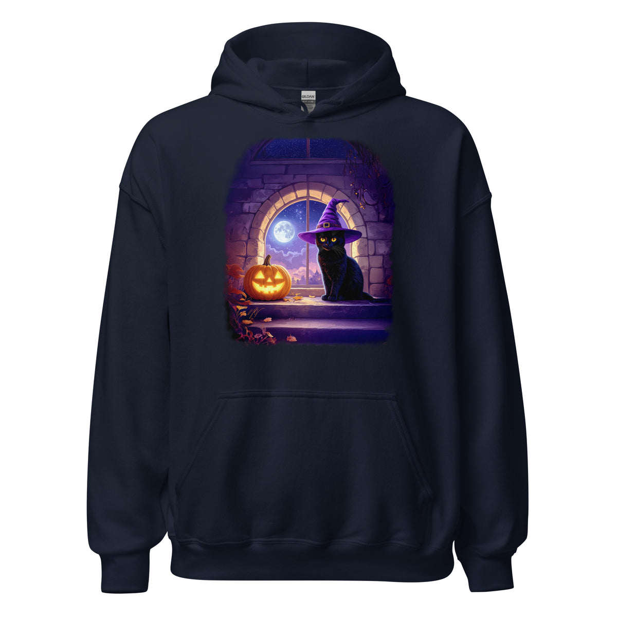 Navy hoodie with Wizard Kitten by the stone wall arched window with the full moon and a jack-o-lantern. 