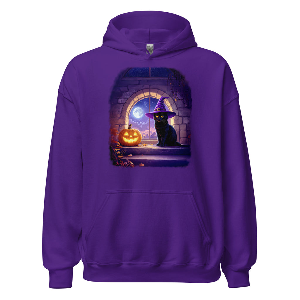 Purple hoodie with Wizard Kitten by the stone wall arched window with the full moon and a jack-o-lantern. 