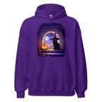 Purple hoodie with Wizard Kitten by the stone wall arched window with the full moon and a jack-o-lantern. 