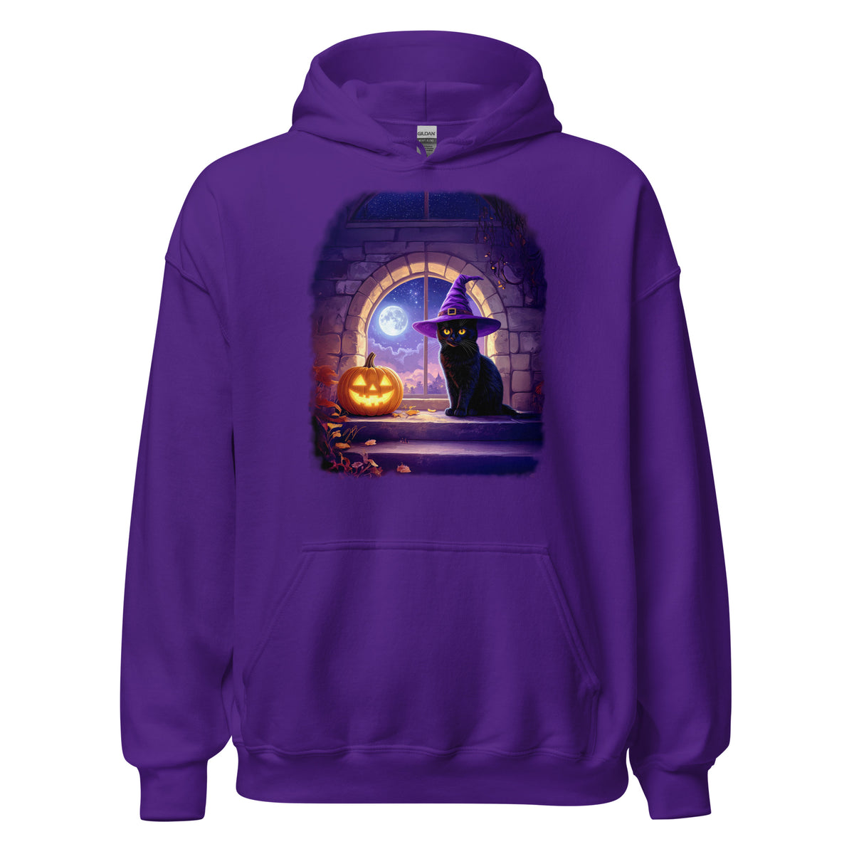 Purple hoodie with Wizard Kitten by the stone wall arched window with the full moon and a jack-o-lantern. 
