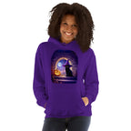 Woman wearing purple hoodie with Wizard Kitten by the stone wall arched window with the full moon and a jack-o-lantern. 