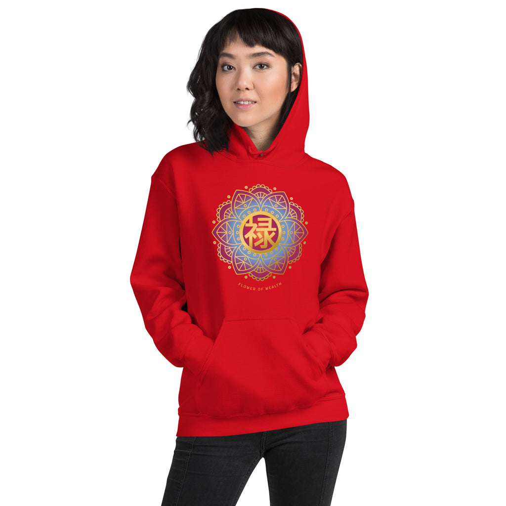 Person wearing red hoodie with gold Chinese prosperity character in mandala flower design.