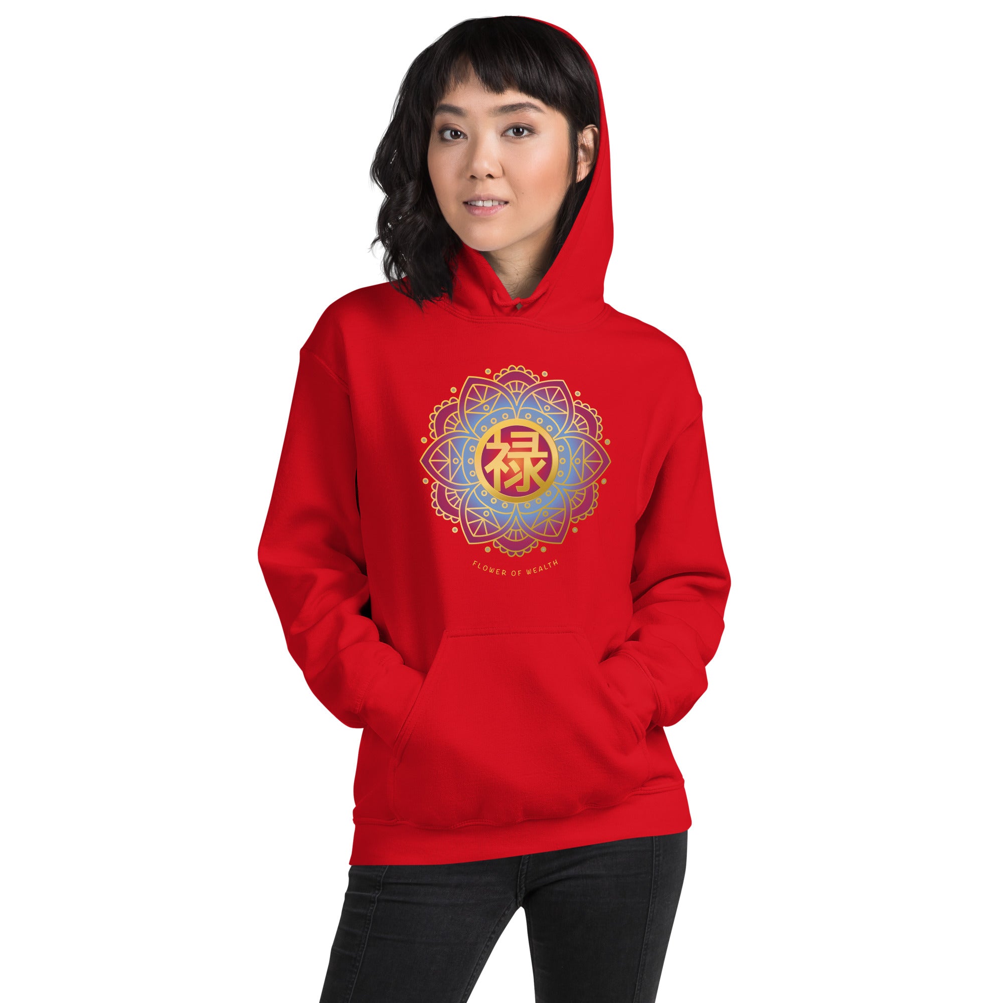 Person wearing red hoodie with gold Chinese prosperity character in mandala flower design.